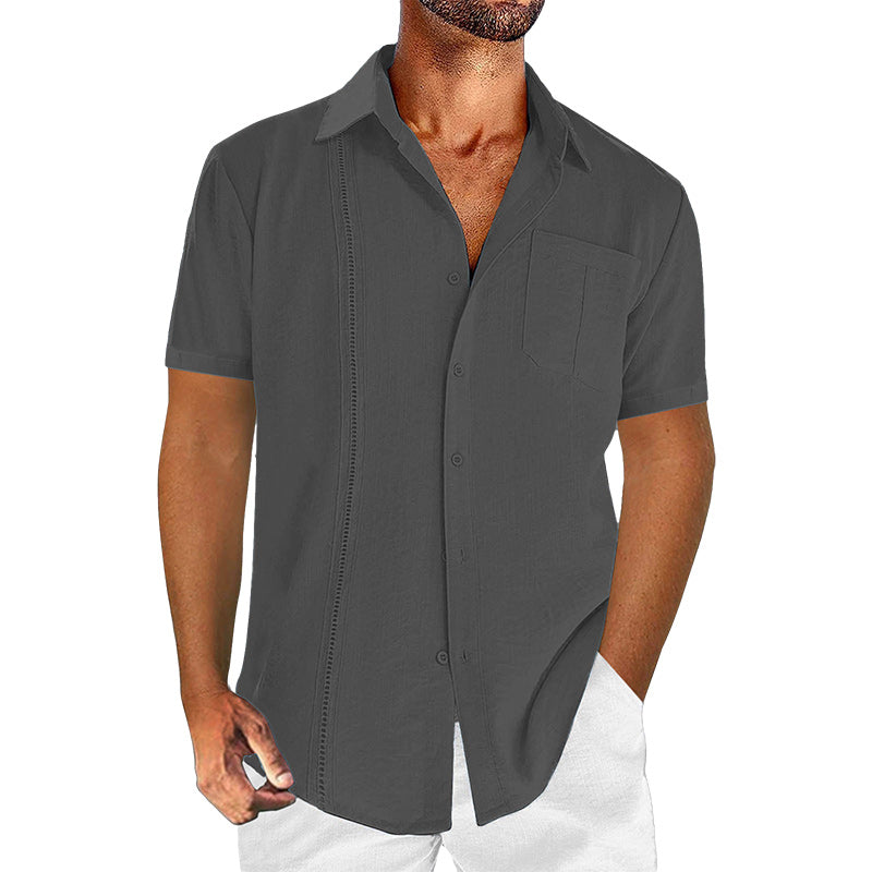 Loookus - Casual solid color men's linen cotton short sleeve shirt