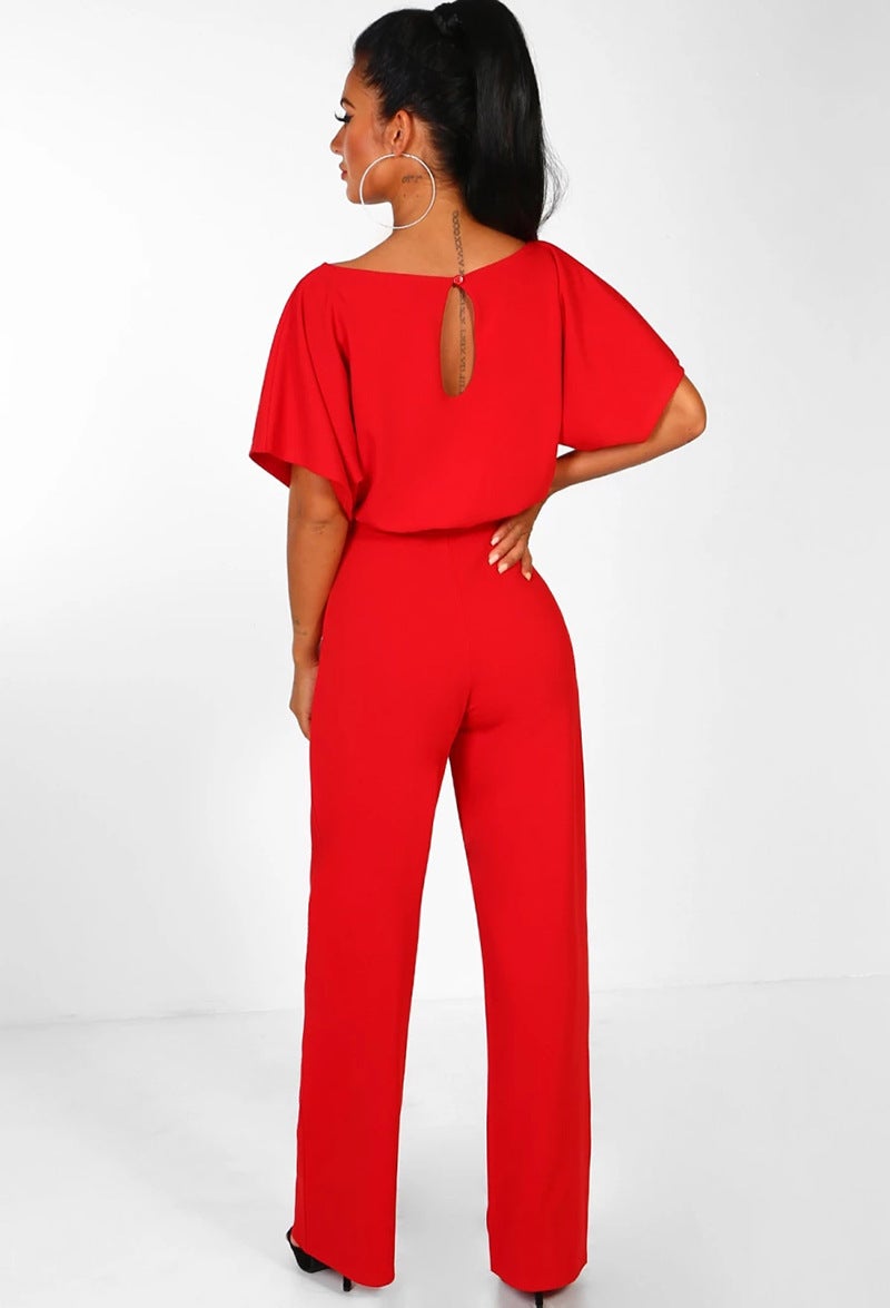 Loookus - Button Lace-up Short-sleeved Jumpsuit