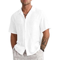 Loookus - Men's Short Sleeve T-shirt Loose Sweatshirt Solid Button Cardigan Cotton Linen Shirt