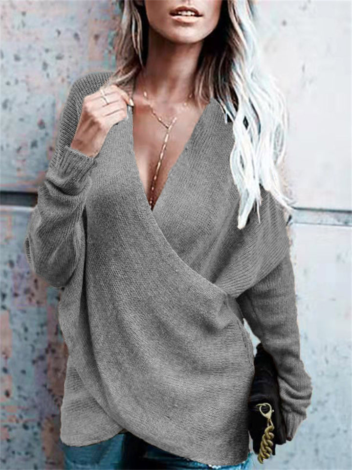 Loookus - Gray V Neck Long Sleeve Sweater