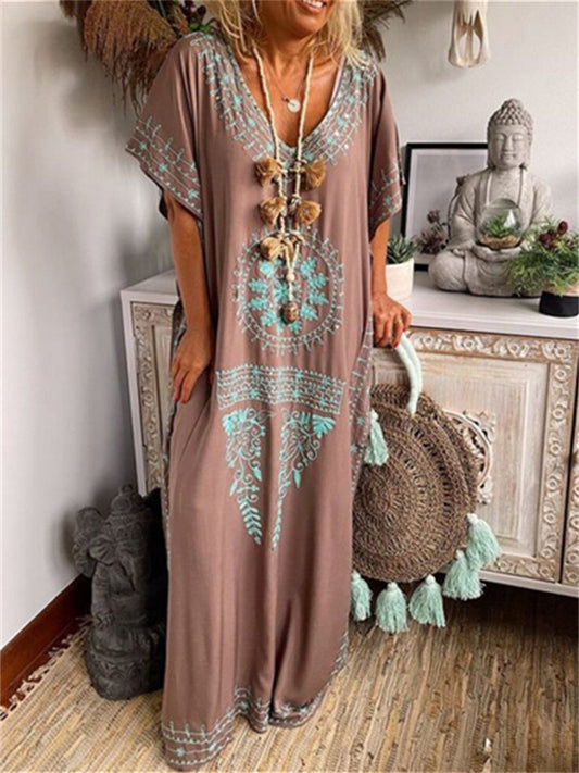 Loookus - Women's Long Dress Maxi Dress Casual Dress T Shirt Dress Tee Dress Boho Dress Floral Fashion Bohemian Outdoor Daily Vacation Print Short Sleeve V Neck Dress Loose Fit Sky Blue Khaki Spring Summer