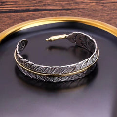 Loookus - Vintage distressed arabesque feather Open Adjustable Bracelet