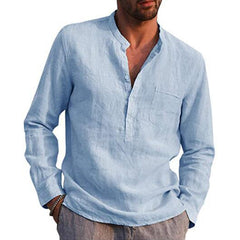 Loookus - Men's Cotton Linen Summer Solid Color  Stand-Up Collar Long-Sleeved Shirts