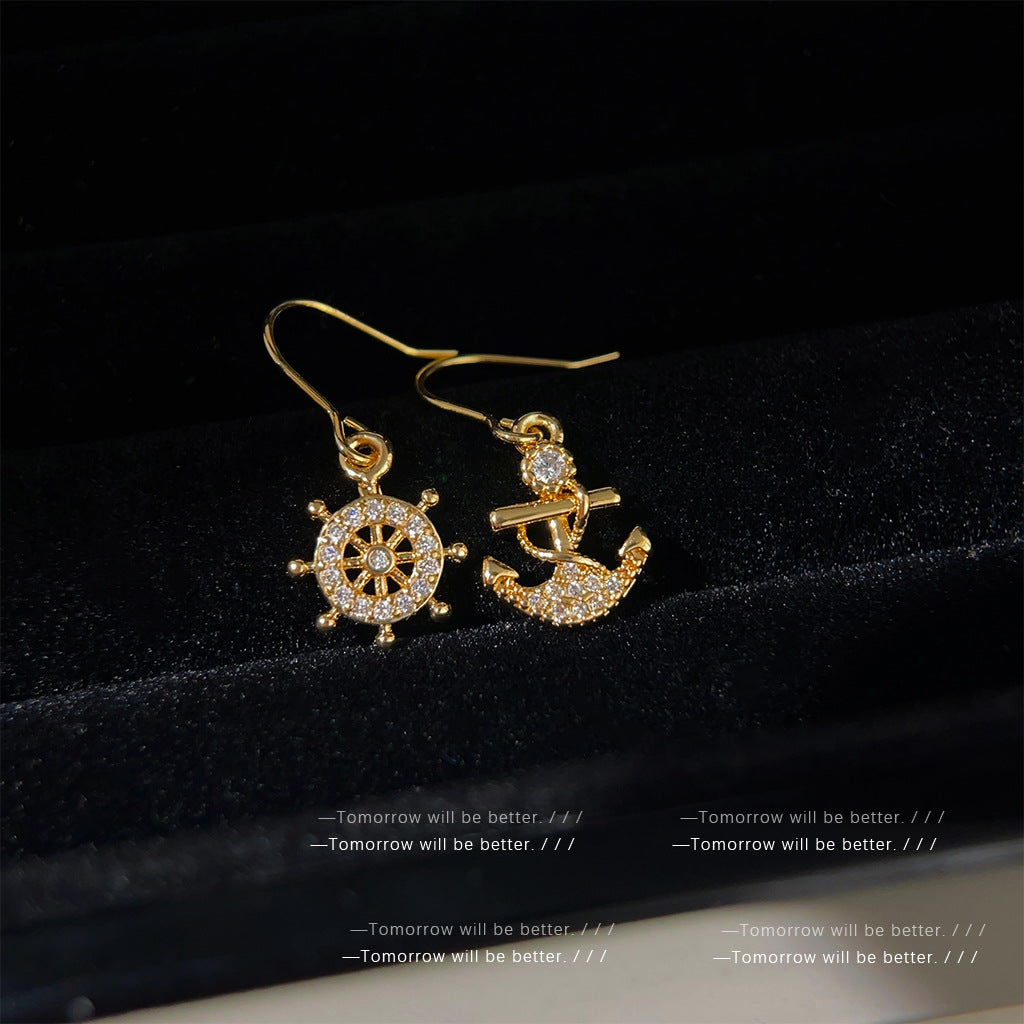 Loookus - Asymmetric Ship Anchor And Rudder Zircon Earrings