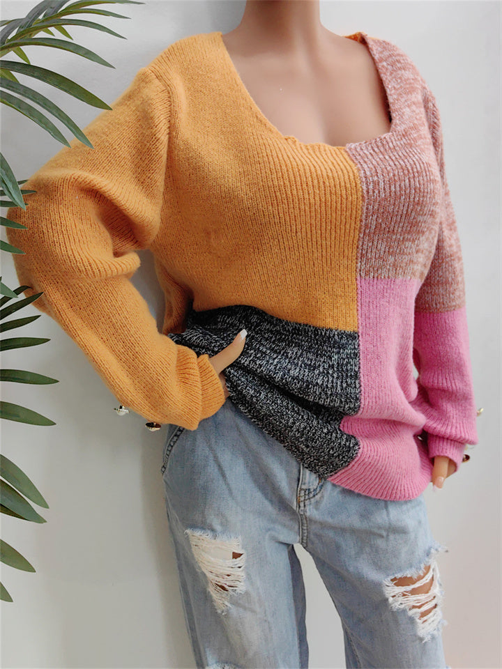 Loookus - Winter Women's Square Neck Pullover Sweater Women's U Neck Collision Color Splicing Sweater Tops Women's