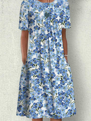 Loookus - Casual Flower Round Neck Medium Length Straight Dress