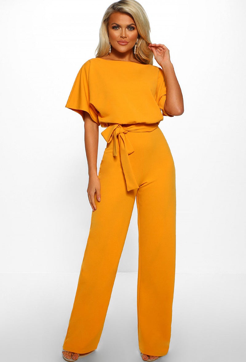 Loookus - Button Lace-up Short-sleeved Jumpsuit