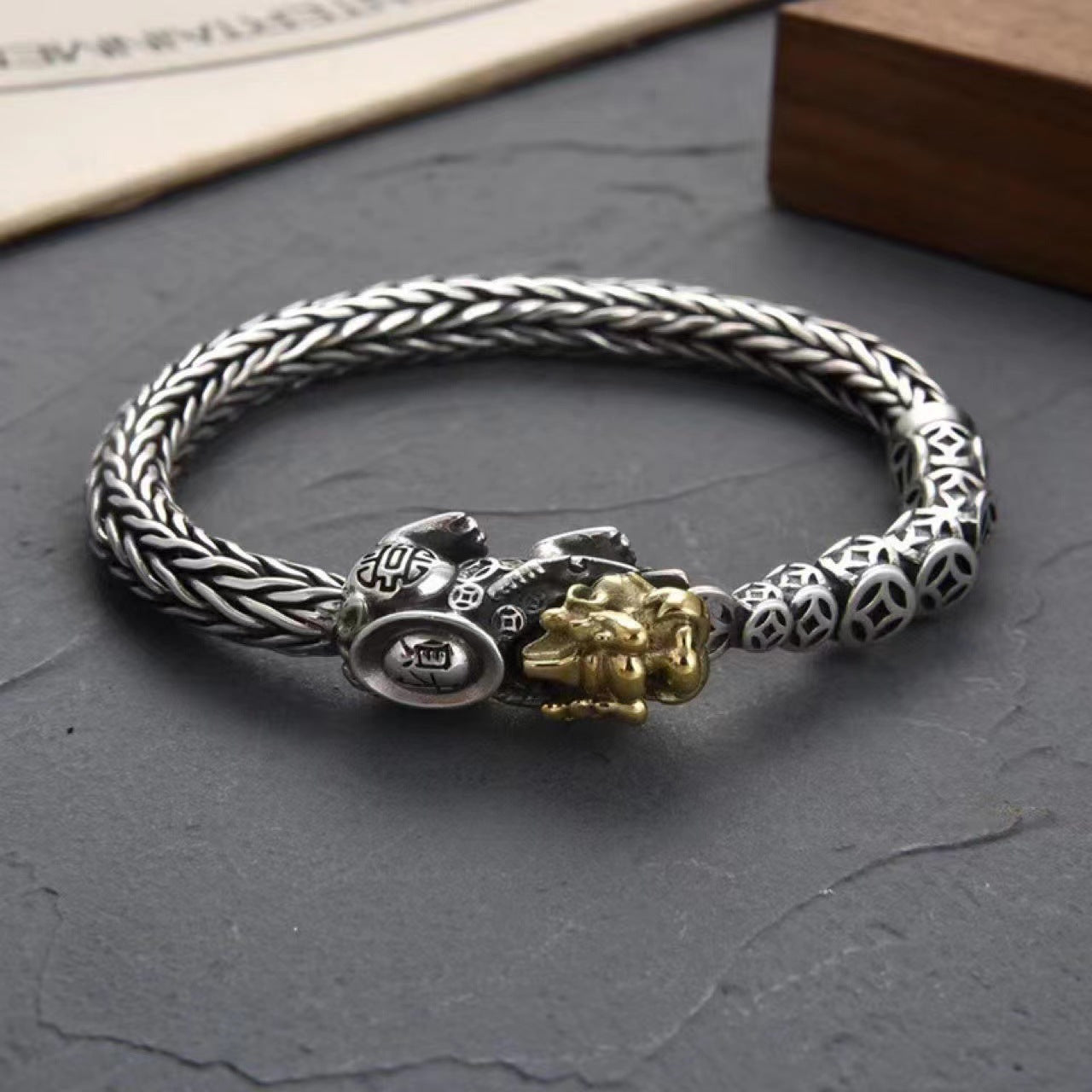 Loookus - 925 Silver Pure handmade Pixiu knitting trendy male retro ethnic style bracelet