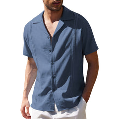 Loookus - Mens Cotton Linen Casual Cuban Short Sleeve Beach Shirt