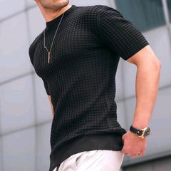 Loookus - Men's new small square lattice t-shirt round collar casual half-sleeve top