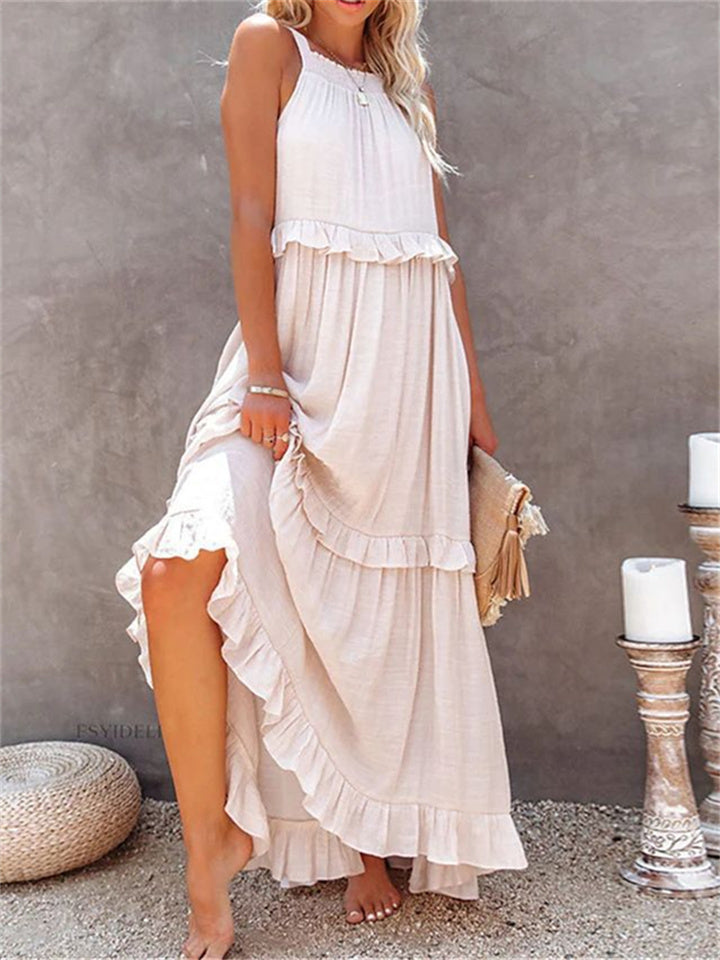 Loookus - Summer New Holiday Style Ruffled Long Dress Sleeveless Round Neck Swing Elegant Beach Dress Women