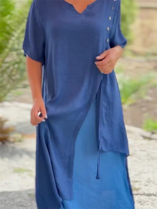 Loookus - Fashion V-neck Short-sleeved Fake Two Pieces Asymmetric Dresses Spring and Summer New Irregular Dress Comfortable Casual Wind