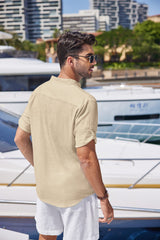 Loookus - Men's Linen Cotton Henley Shirt Casual Beach Hippie Shirts Short Sleeve T Shirts