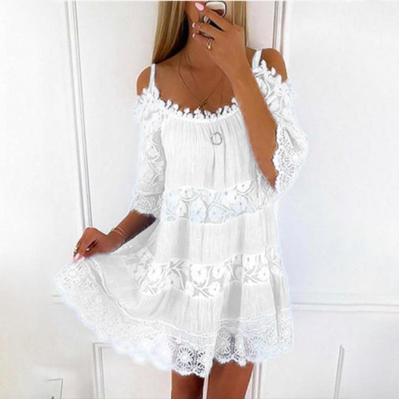 Loookus - Lace Patchwork Suspender Flower Girdle Casual Solid Loose Dress White Dresses