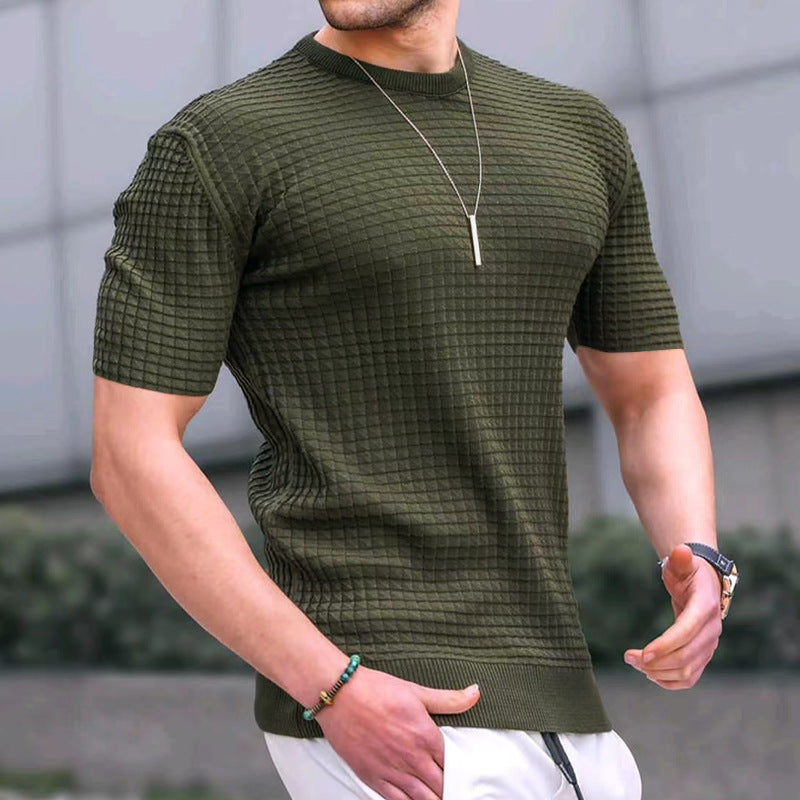 Loookus - Men's new small square lattice t-shirt round collar casual half-sleeve top