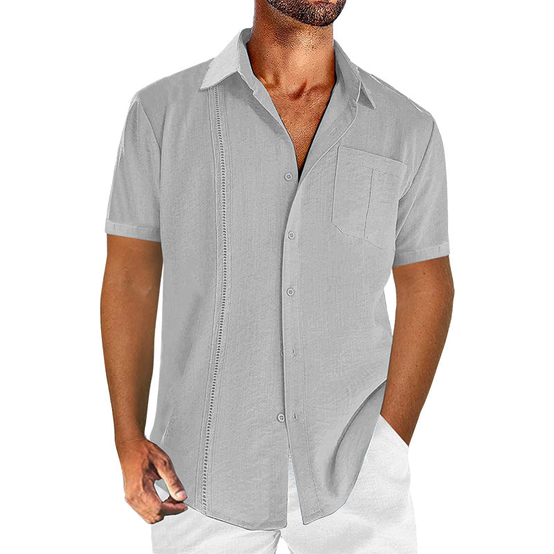 Loookus - Casual solid color men's linen cotton short sleeve shirt