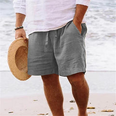 Loookus - Men's summer cotton linen shorts draw rope elastic waist straight legs solid color breathable five minutes casual pants