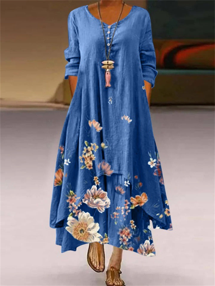 Loookus - Women's Long Dress Maxi Dress Green Blue Purple Long Sleeve Floral Print Fall Spring Crew Neck Winter Dress Fall Dress Regular Fit 2022 S M L XL XXL 3XL 4XL 5XL