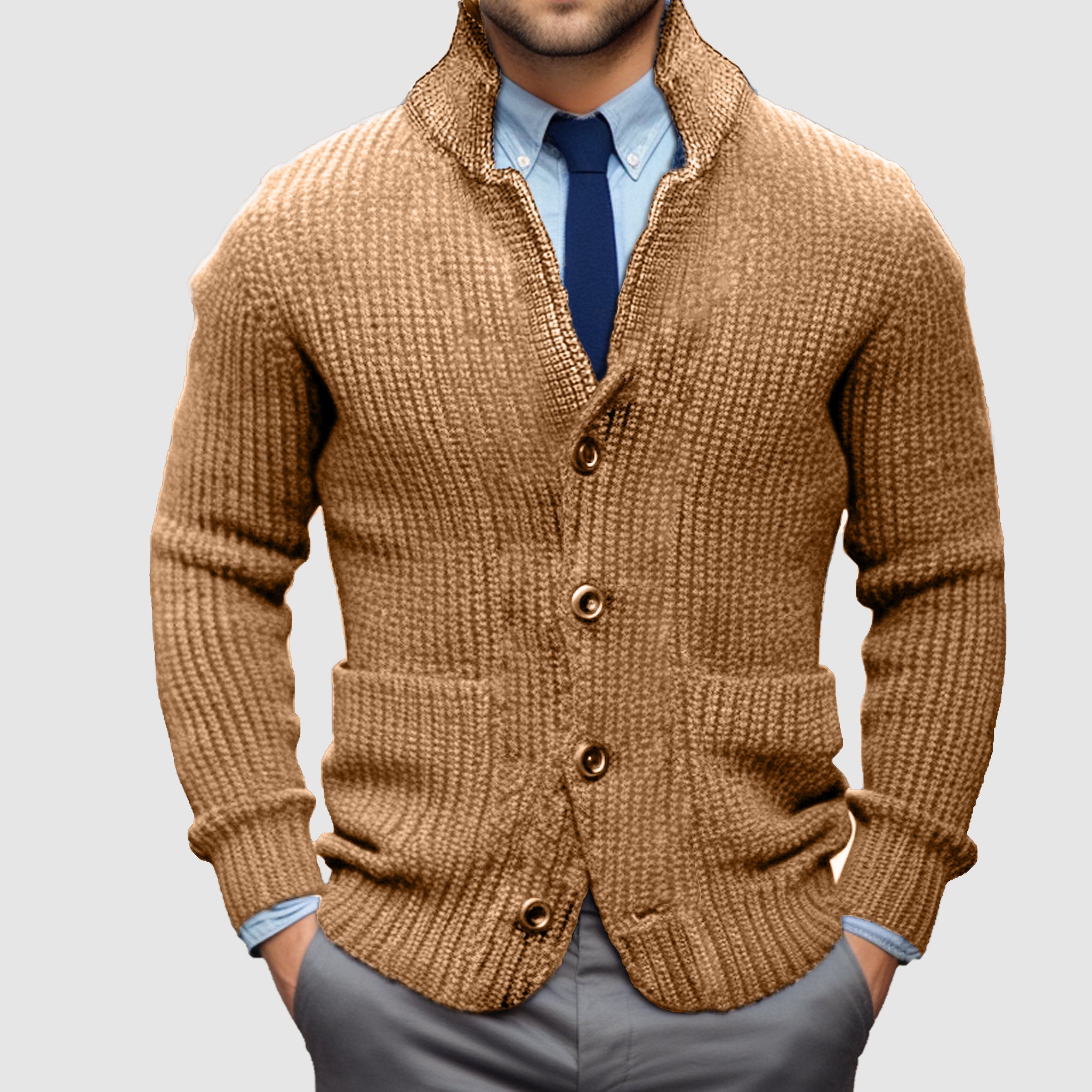 Loookus - Men's Long Sleeve Stand Collar Thickened Cardigan Warm Casual Jacket