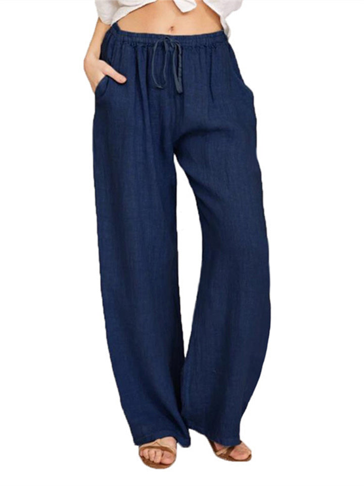 Loookus - New Women's Casual Pants Solid Color Cotton and Linen Loose High-waisted Tie Wide-legged Pants