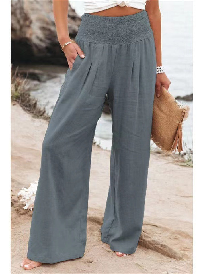 Loookus - Summer Women's Casual Wide-legged Cotton Linen Burst Loose Pants Solid Color Casual Pants