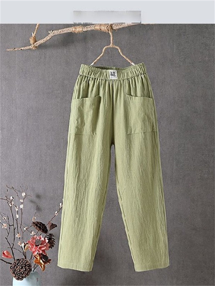 Loookus - Women's Chinos Pants Trousers Cotton Linen / Cotton Blend Green Black Red Mid Waist Fashion Work Casual Weekend Side Pockets Micro-elastic Ankle-Length Comfort Solid Color M L XL XXL 3XL