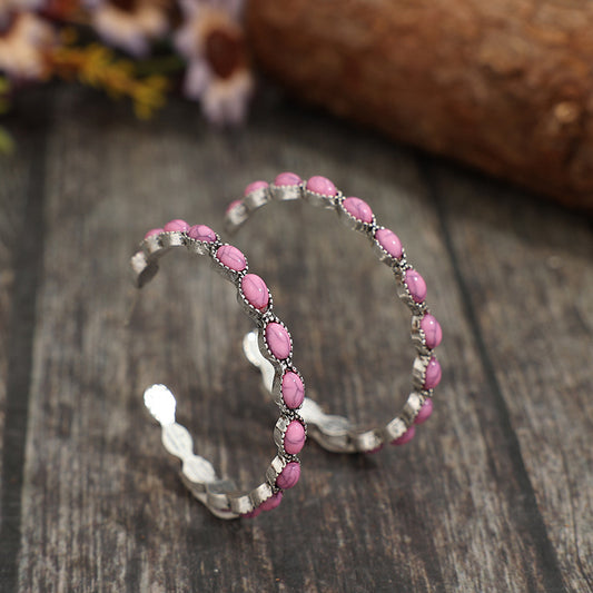 Loookus - Pink turquoise C-shaped earrings