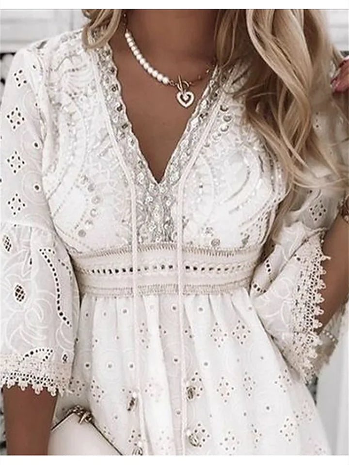 Loookus - Women's Party Dress Lace Short Mini Dress White 3/4 Length Sleeve Embroidery Hollow Out Ruched Fall Winter V Neck Stylish Modern 2022 S M L XL 2XL 3XL