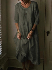 Loookus - Casual Round Neck Linen Solid Color Long Dress
