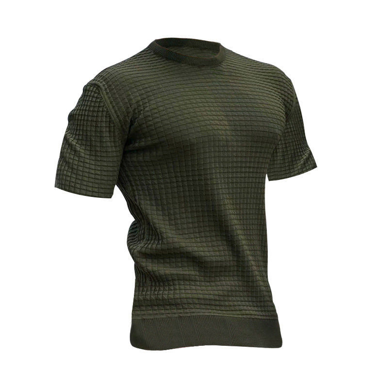 Loookus - Men's new small square lattice t-shirt round collar casual half-sleeve top