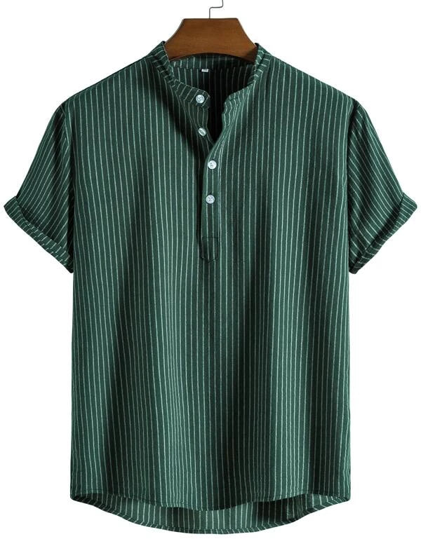 Loookus - Men Linen Striped Half Button Shirt