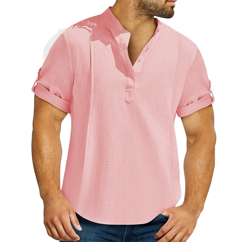 Loookus - Men's linen cotton Henley shirt casual shirt short sleeve T shirt