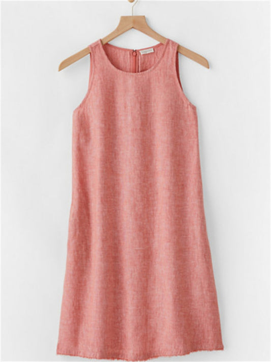 Loookus - Women's Fashion Solid Color Sleeveless Cotton Linen Round Neck Loose Waist Pocket Tassel Undershirt Urban Style A-line Dress Dress