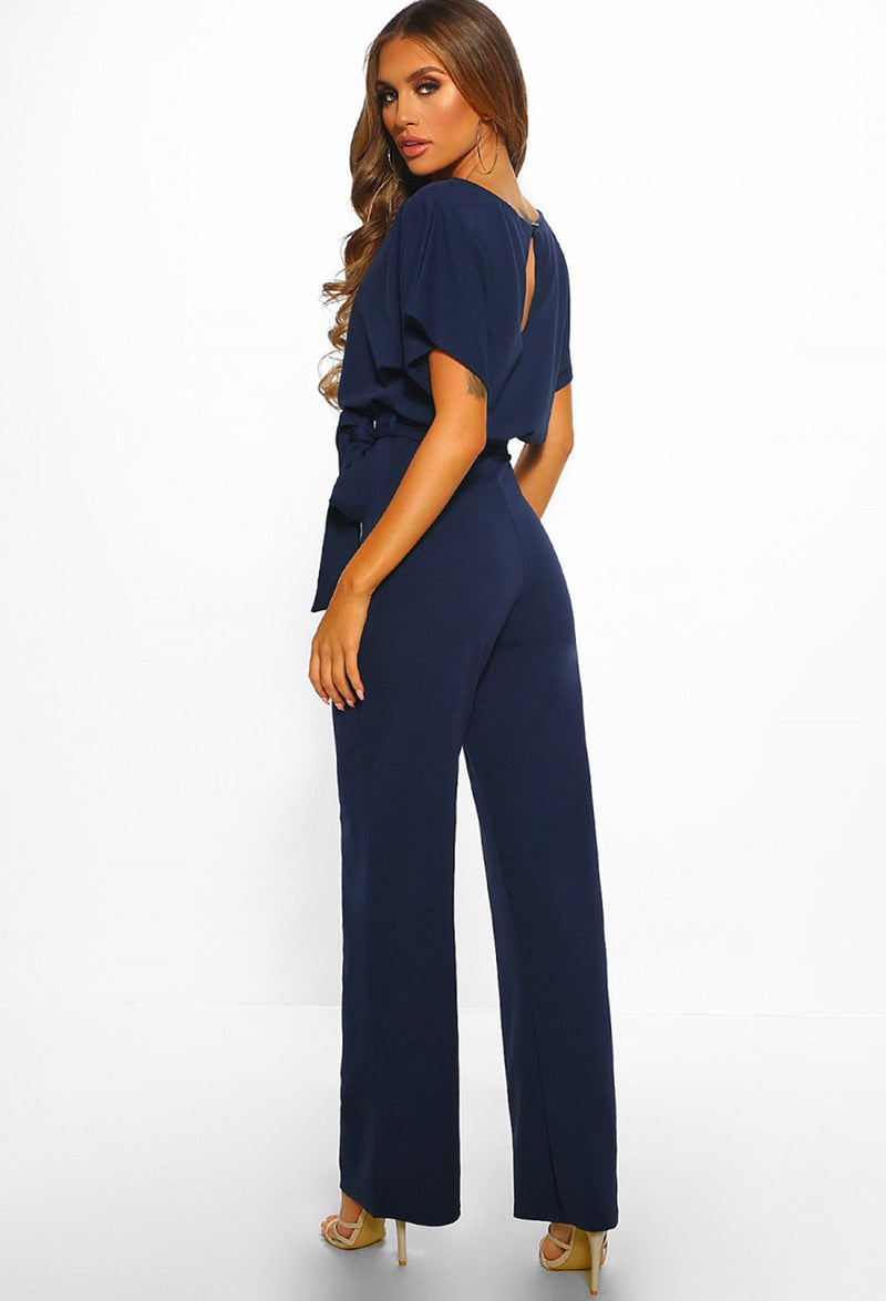 Loookus - Button Lace-up Short-sleeved Jumpsuit