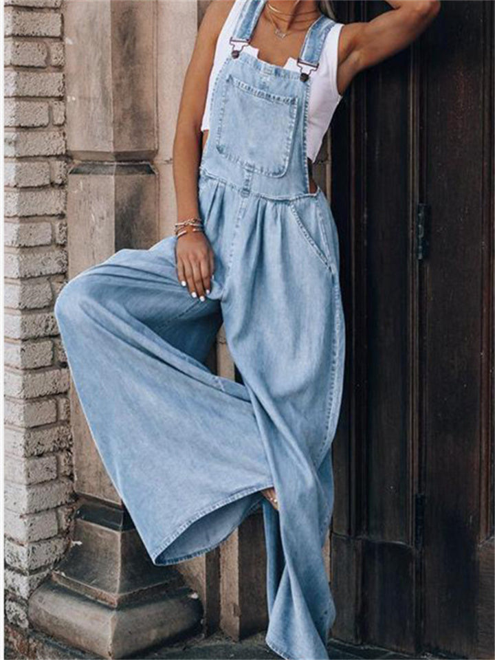 Loookus - Women's Temperament Commuter Slightly Flared Denim Trousers Loose Side Pocket Sleeveless Denim Bib Pants S-3XL