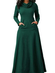 Loookus - Women's Casual Dress Emerald Green Dress Black Dress Long Dress Maxi Dress Green Black Brown Long Sleeve Pure Color Pocket Winter Fall Spring High Neck Basic Winter Dress Christmas Birthday 2022 S M