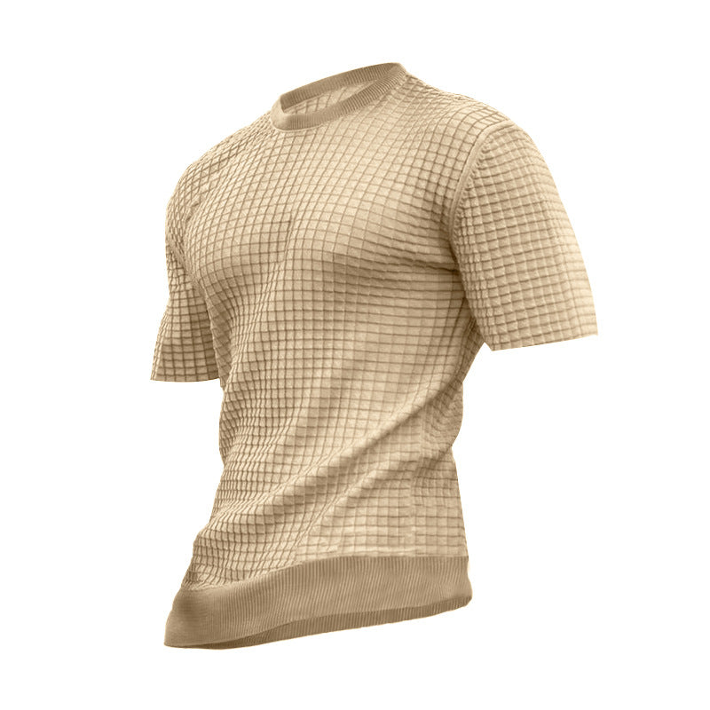 Loookus - Men's new small square lattice t-shirt round collar casual half-sleeve top