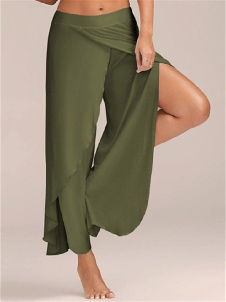 Loookus - Women's Culottes Wide Leg Chinos Pants Trousers Wine Army Green Dark Gray Mid Waist Basic Casual / Sporty Casual Daily Yoga Ruffle Layered Stretchy Letter S M L XL XXL / Loose Fit / Split / Split