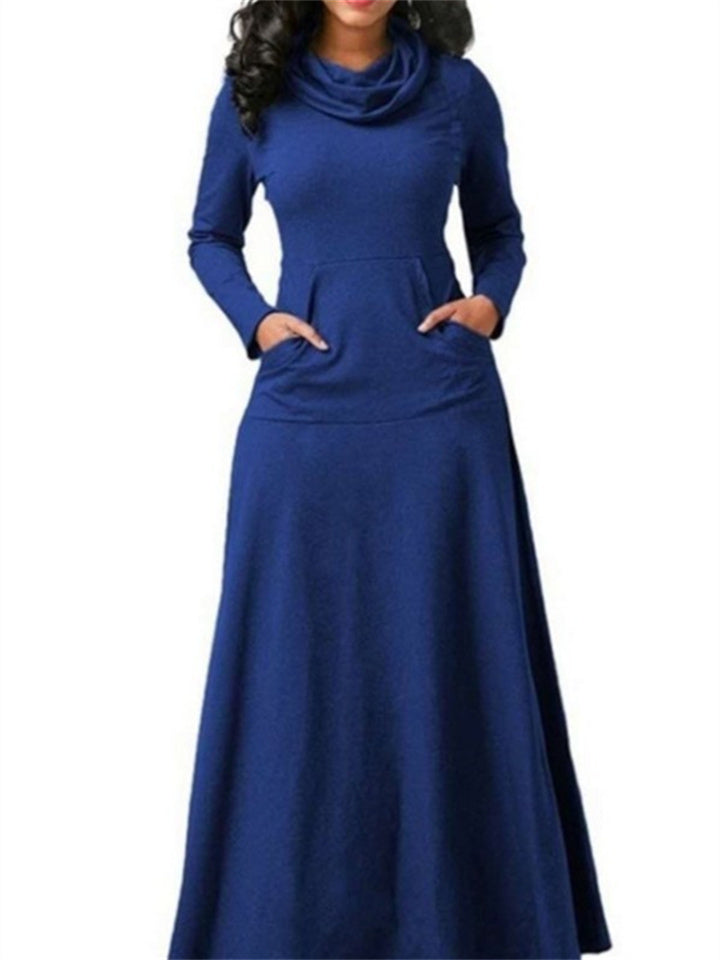 Loookus - Women's Casual Dress Emerald Green Dress Black Dress Long Dress Maxi Dress Green Black Brown Long Sleeve Pure Color Pocket Winter Fall Spring High Neck Basic Winter Dress Christmas Birthday 2022 S M