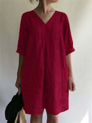 Loookus - Summer V-neck Solid Color Cotton Linen Loose Dresses Women