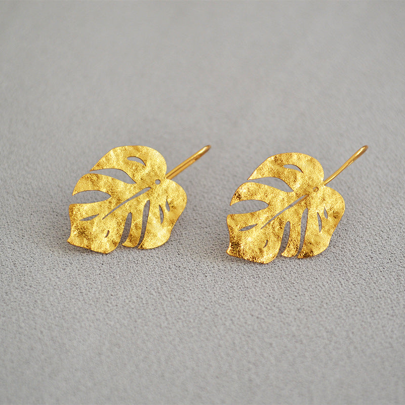 Loookus - Frosted Granular Retro Gold Leaves Earrings