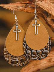 Loookus - Women's retro double drop-shaped cross imitation crocodile leather earrings