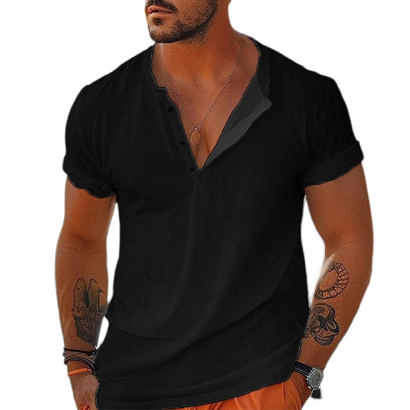 Loookus - Men's Cotton Henley Vacation Short Sleeve T-Shirt