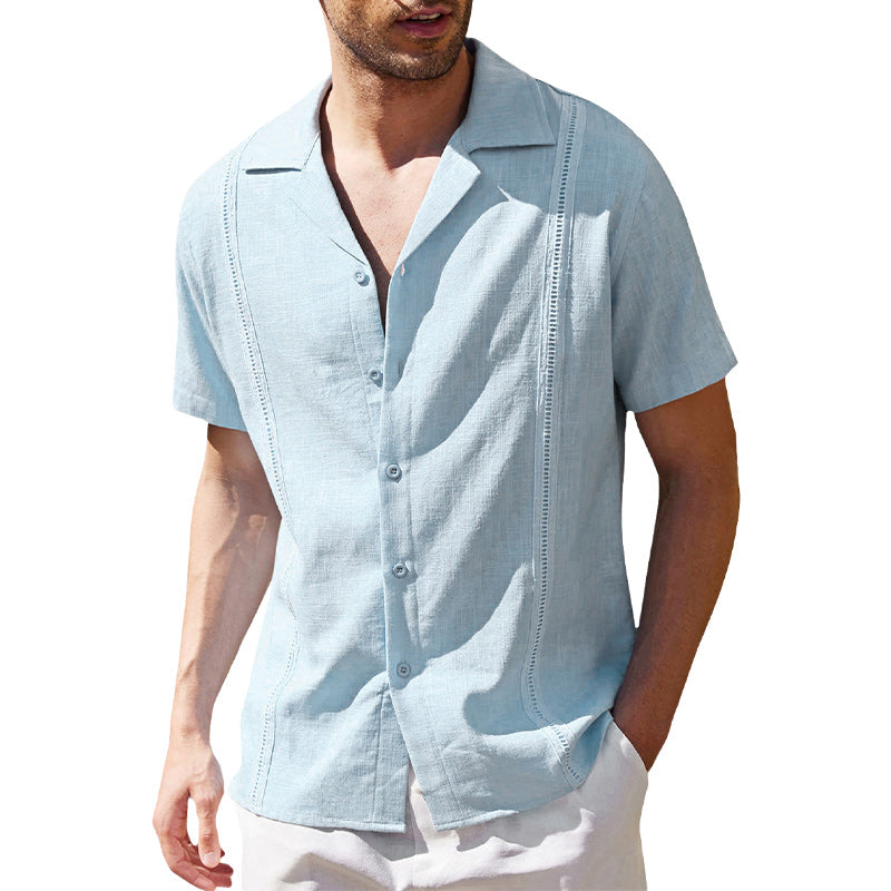 Loookus - Mens Cotton Linen Casual Cuban Short Sleeve Beach Shirt