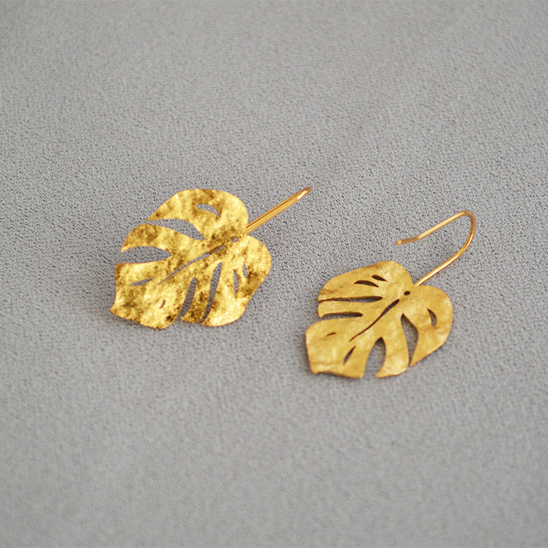 Loookus - Frosted Granular Retro Gold Leaves Earrings