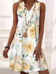 Loookus - Summer Loose Comfortable Casual V-neck Sheath Sleeveless Plant Floral Print Mid-length A-line Dress Elegant Wind Dress