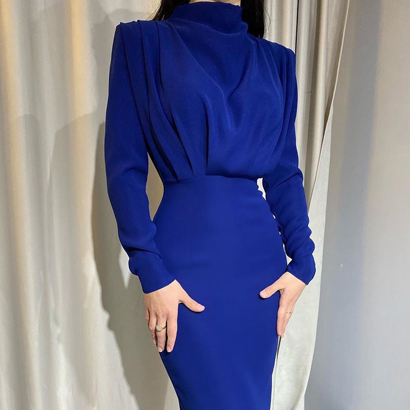 Loookus - Fashionable Waist and Foreign Style Solid Color Long Sleeve Dress