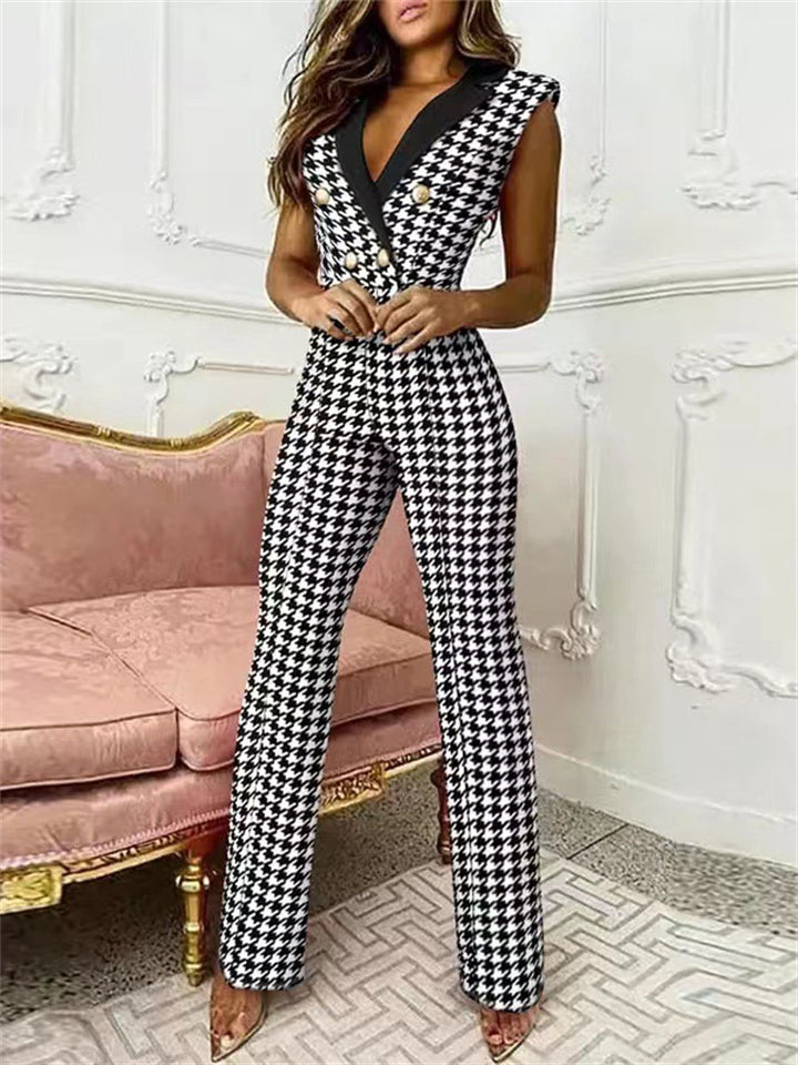 Loookus - Women's Jumpsuit Button Houndstooth V Neck Business Office Work Regular Fit Sleeveless White Blue Khaki S M L Spring