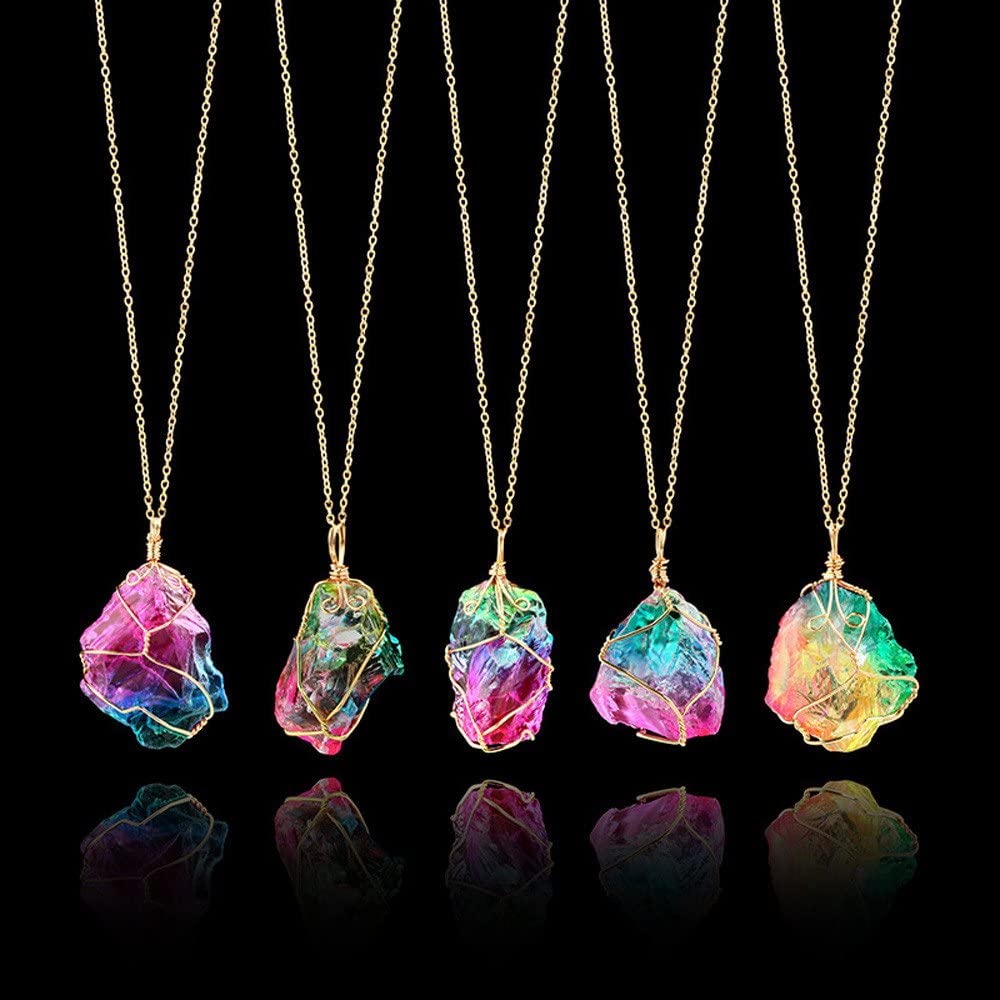 Loookus - Natural Rainbow Stone Healing Irregular Crystal Rock Pendant Necklace