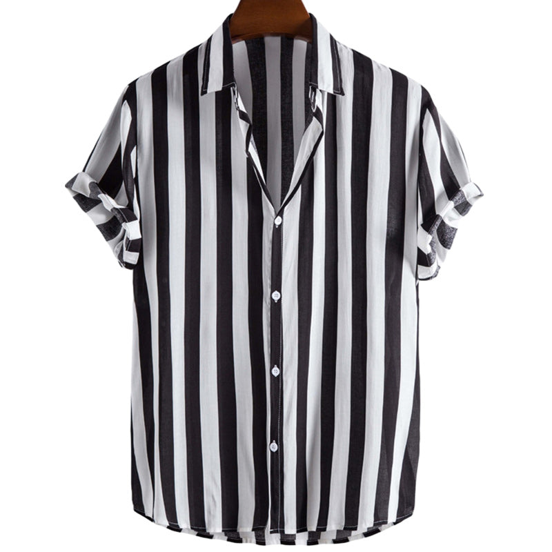 Loookus - Men's Lapel Single Breasted Hong Kong Style Striped Shirt